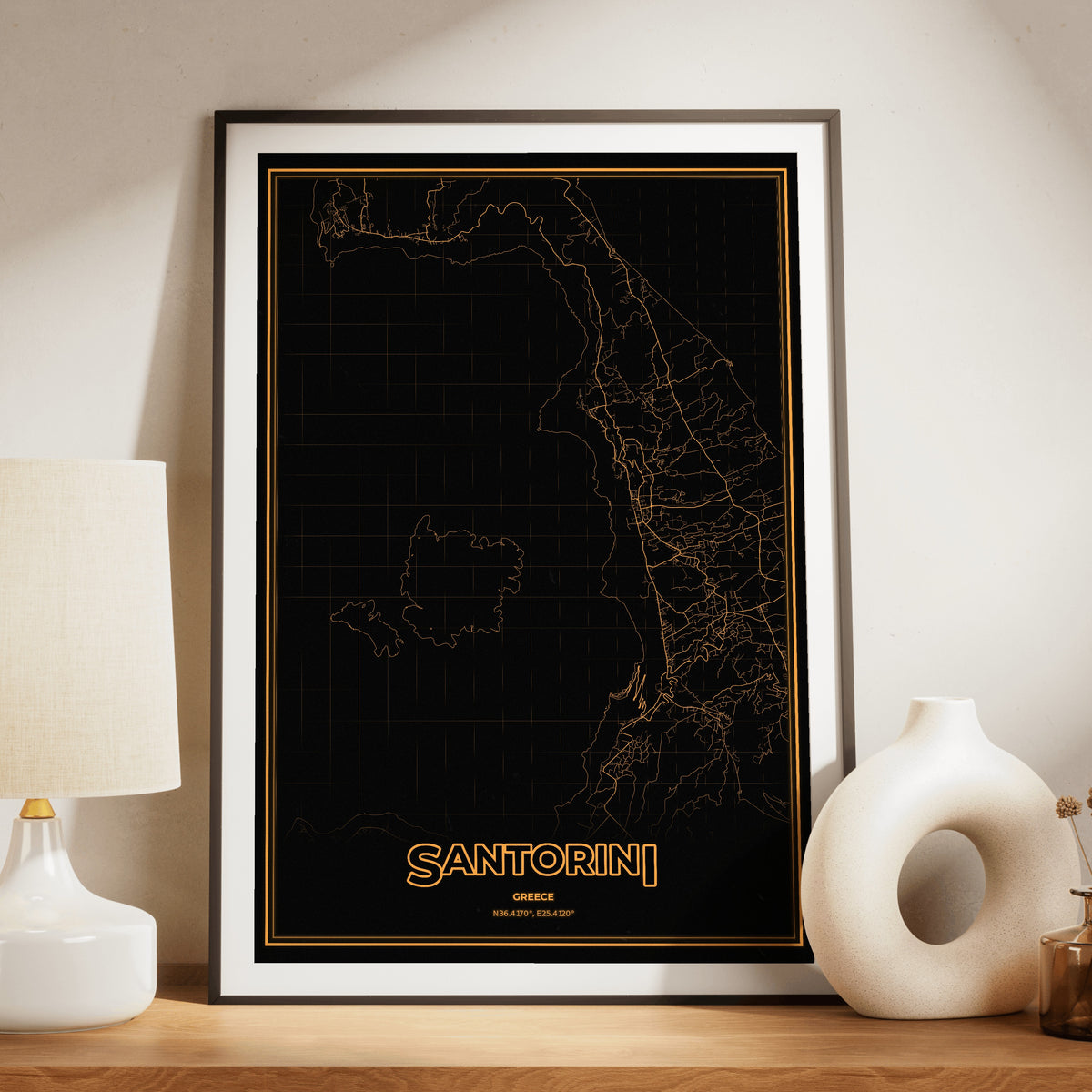 Santorini Phosphor Map Poster - Amber CRT
