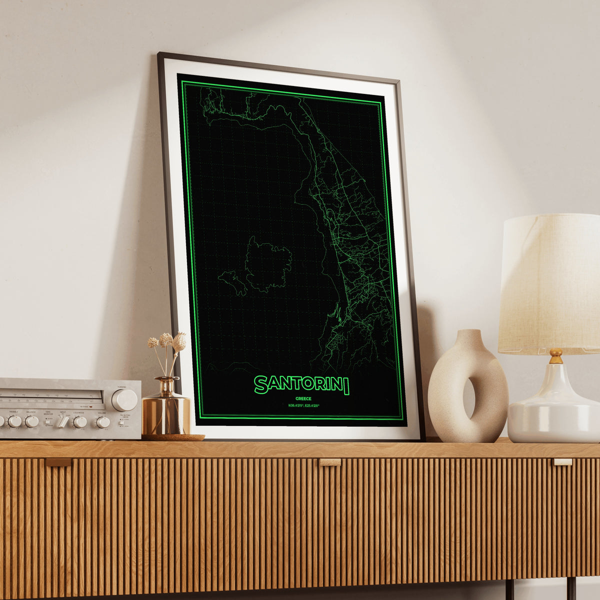 Santorini Phosphor Map Poster - Phosphor Green