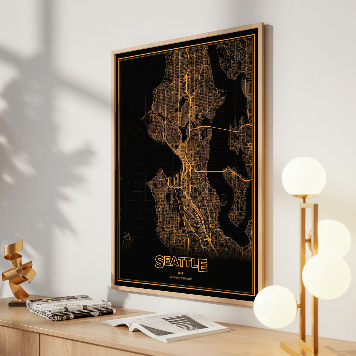 Seattle Phosphor Map Poster - Amber CRT