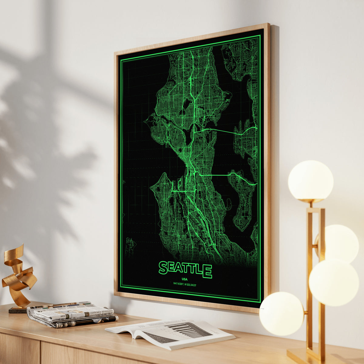 Seattle Phosphor Map Poster - Phosphor Green