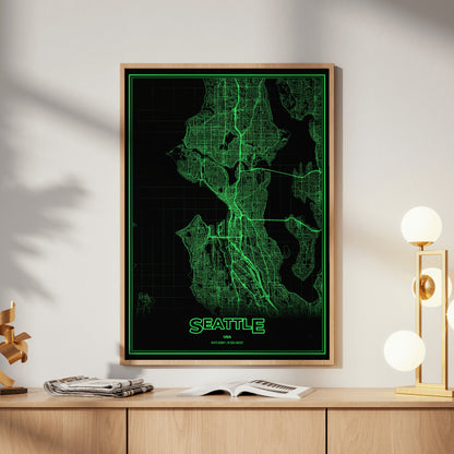 Seattle Phosphor Map Poster - Phosphor Green