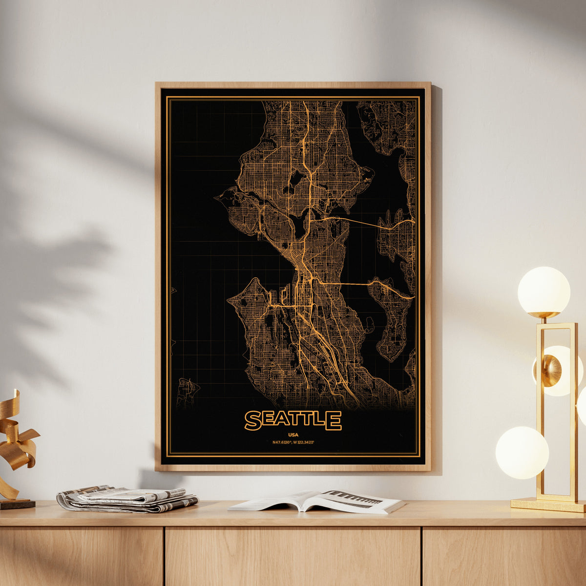 Seattle Phosphor Map Poster - Amber CRT