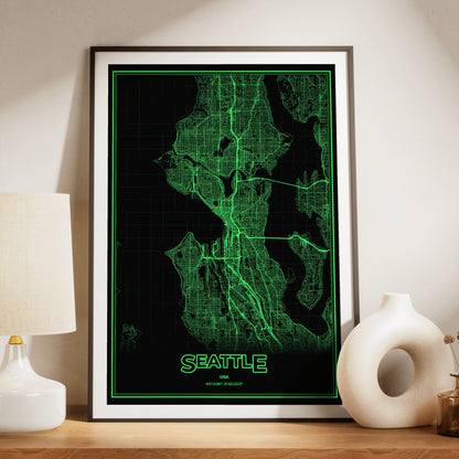 Seattle Phosphor Map Poster - Phosphor Green