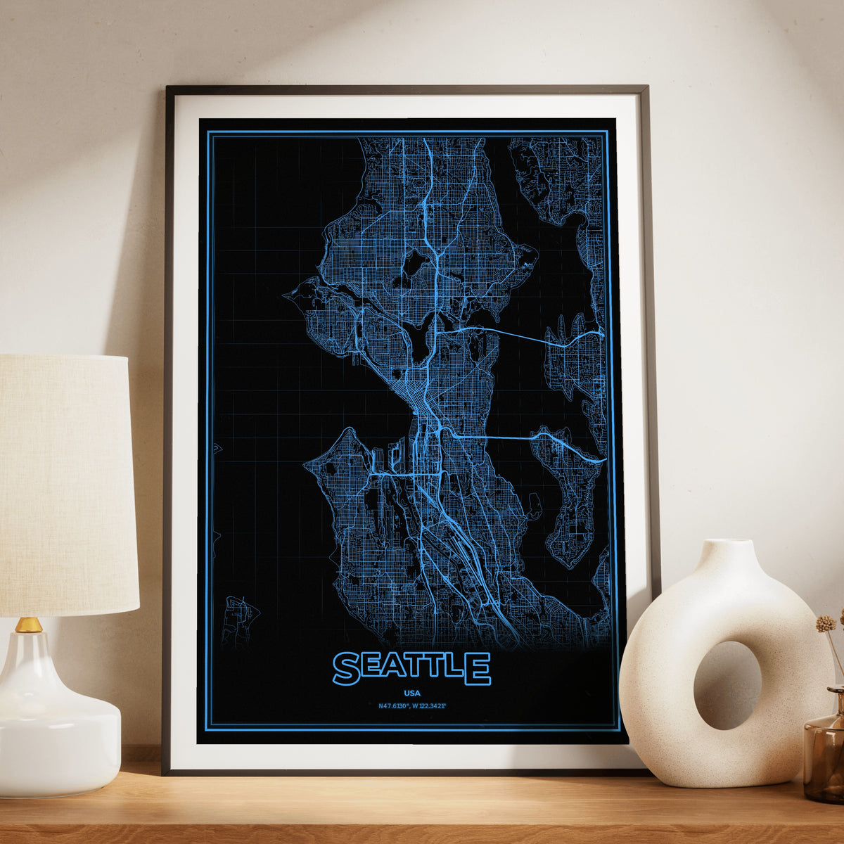 Seattle Phosphor Map Poster - IBM Blue