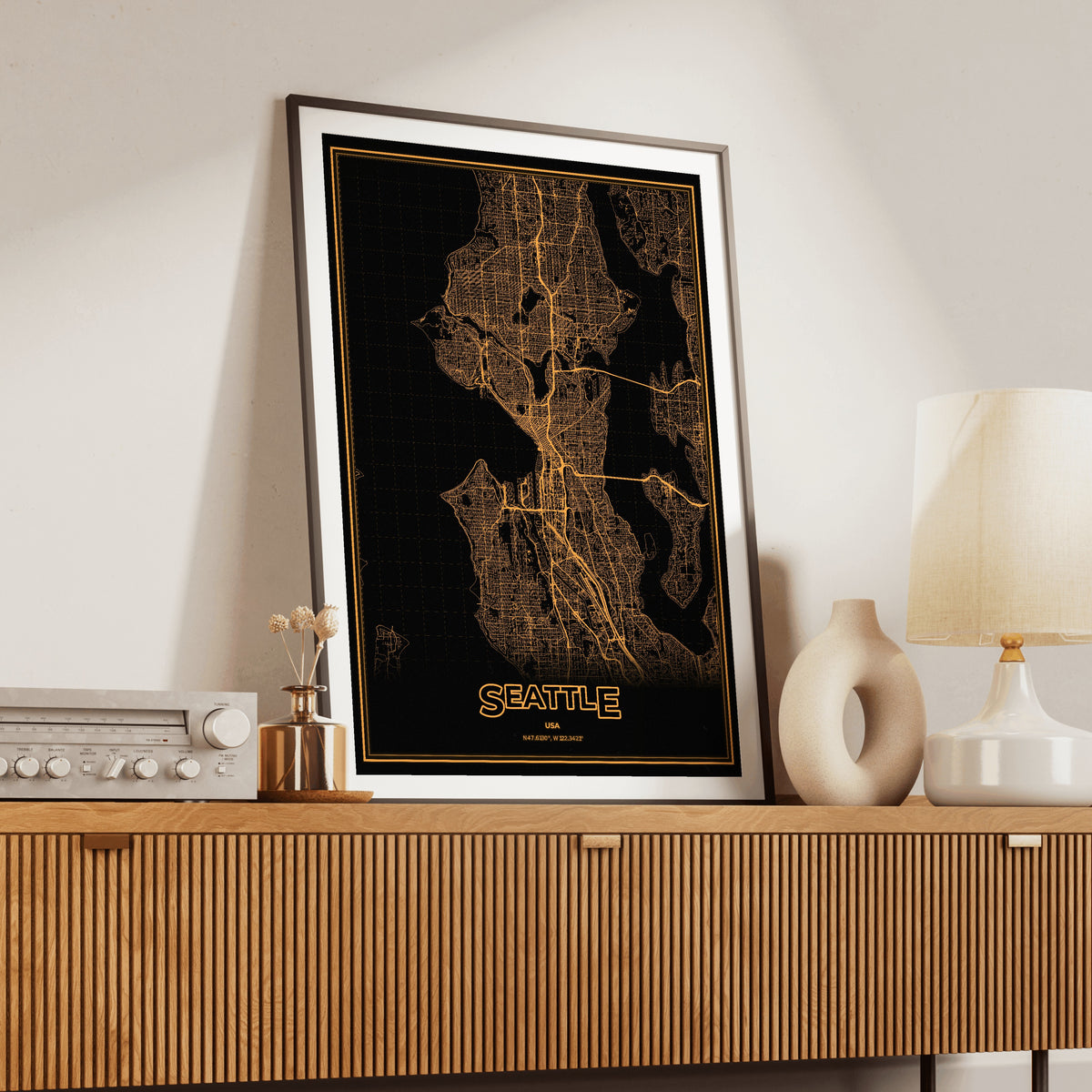 Seattle Phosphor Map Poster - Amber CRT
