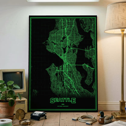 Seattle Phosphor Map Poster - Phosphor Green