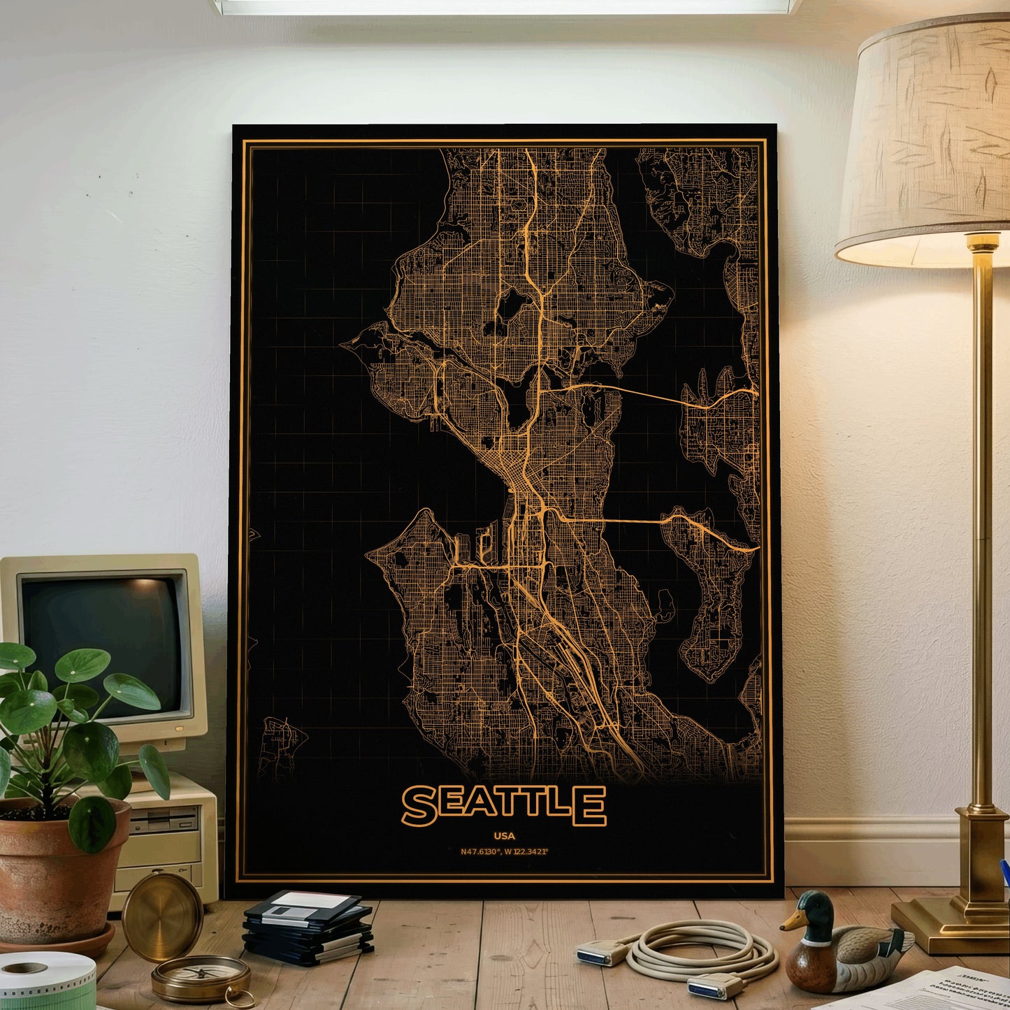 Seattle Phosphor Map Poster - Amber CRT