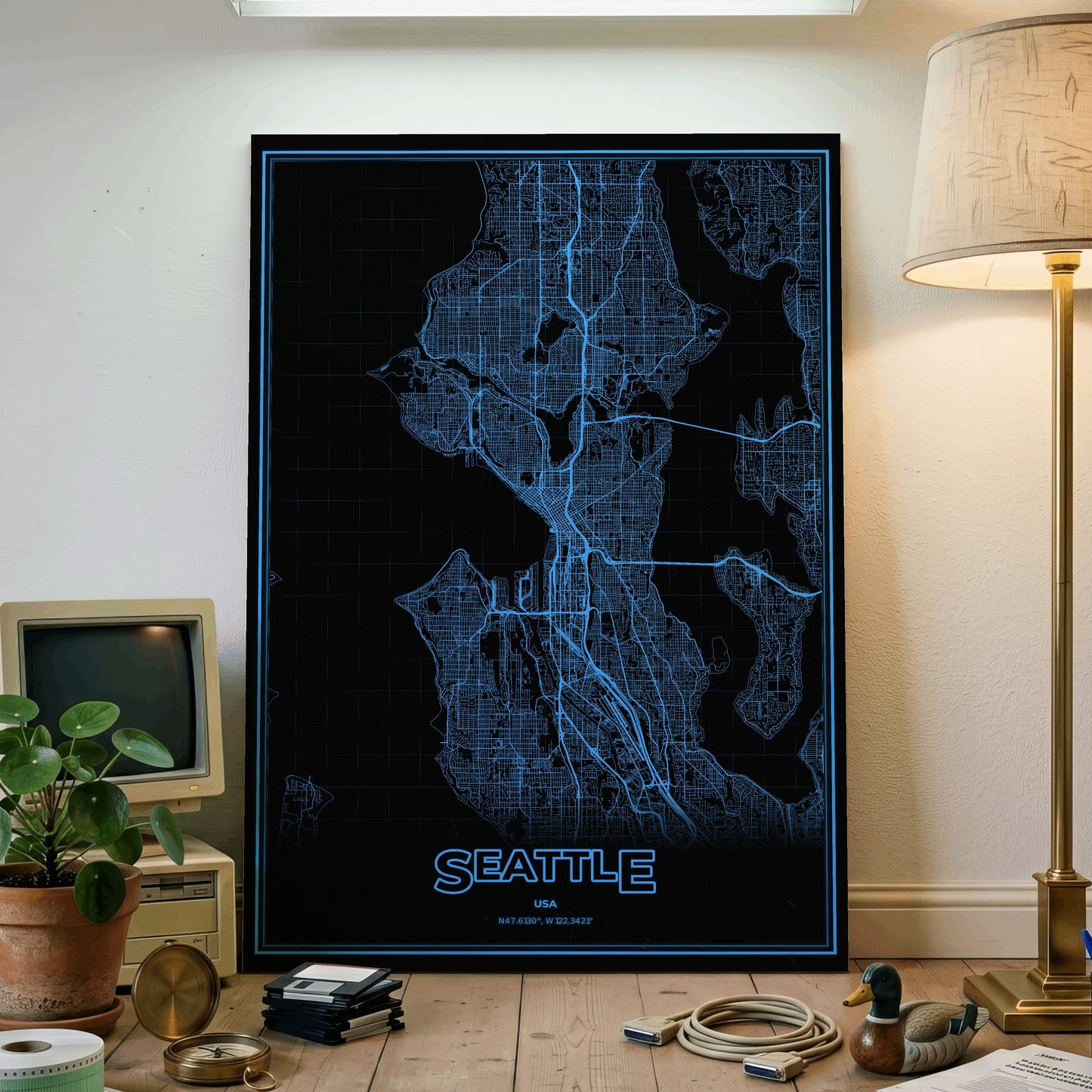 Seattle Phosphor Map Poster - IBM Blue