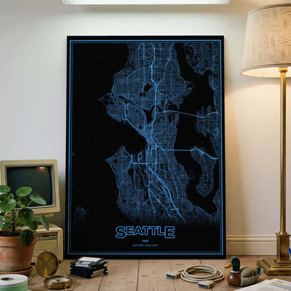Seattle Phosphor Map Poster - IBM Blue