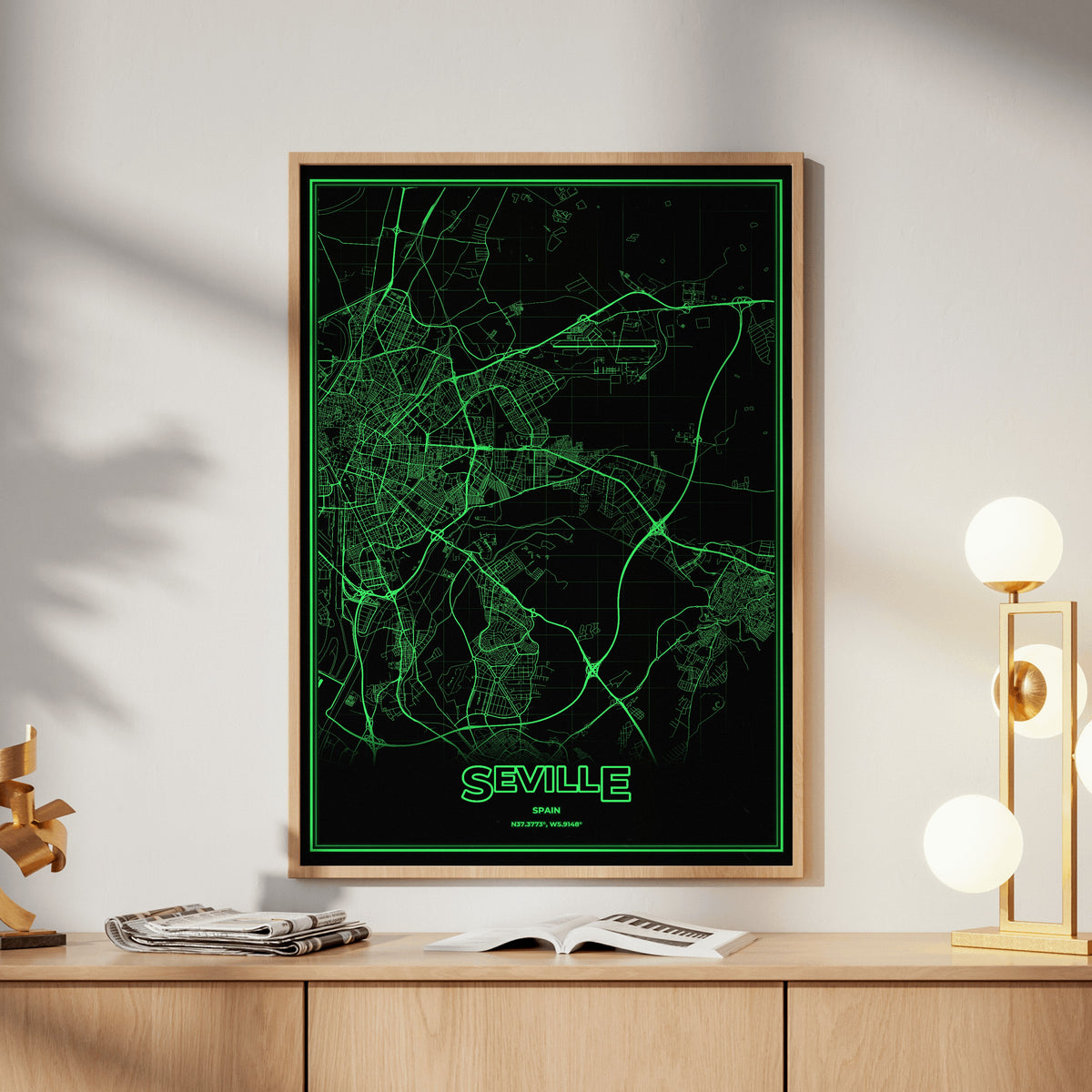 Seville Phosphor Map Poster - Phosphor Green