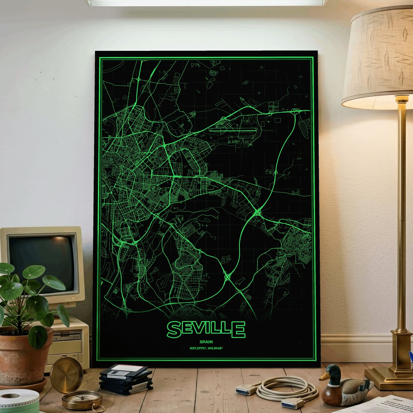 Seville Phosphor Map Poster - Phosphor Green