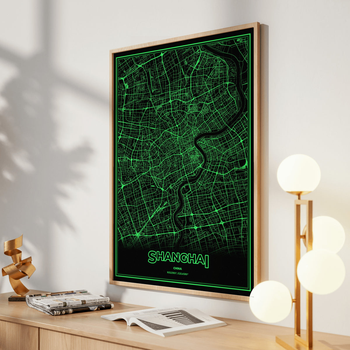 Shanghai Phosphor Map Poster - Phosphor Green