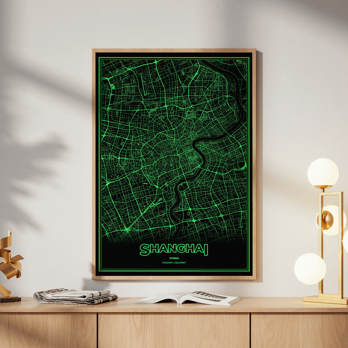 Shanghai Phosphor Map Poster - Phosphor Green