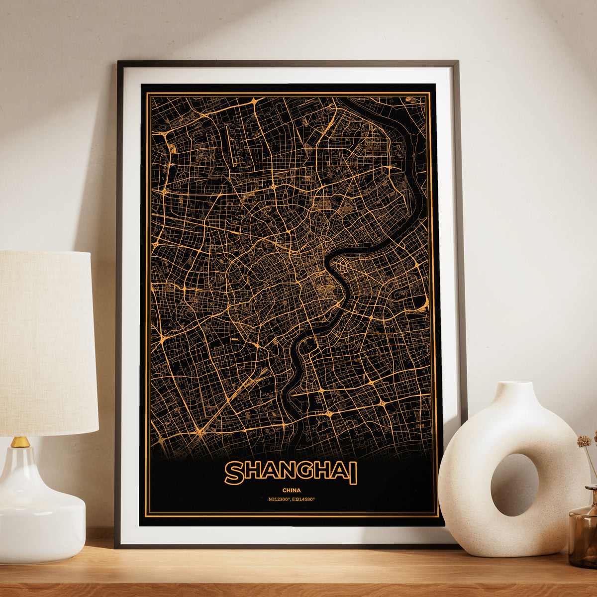 Shanghai Phosphor Map Poster - Amber CRT
