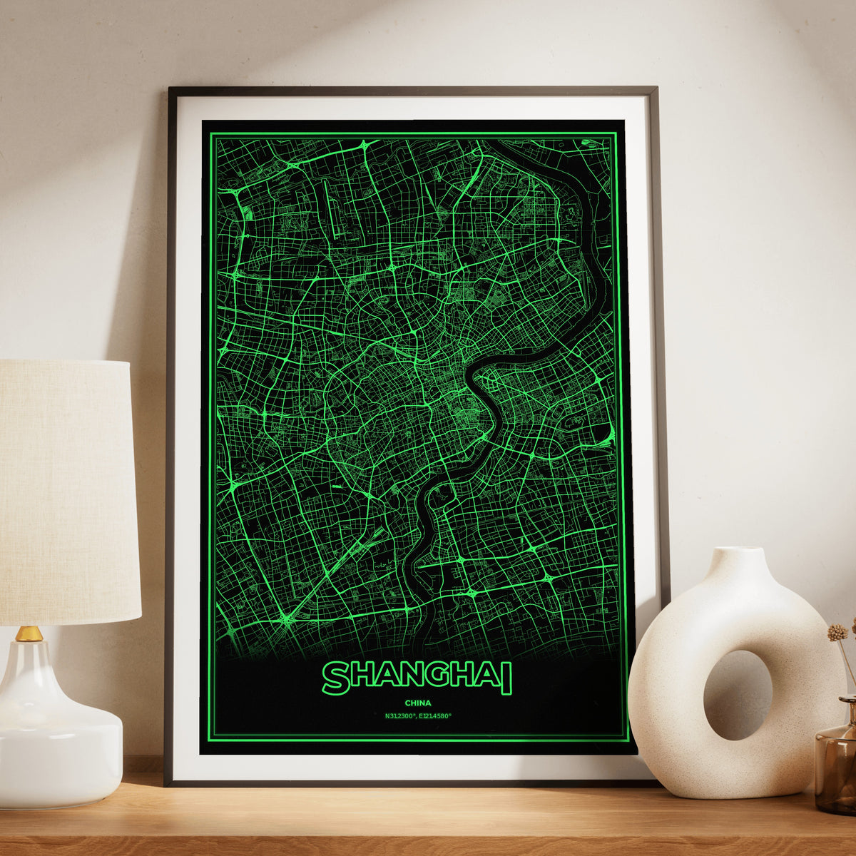 Shanghai Phosphor Map Poster - Phosphor Green