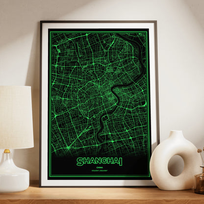 Shanghai Phosphor Map Poster - Phosphor Green