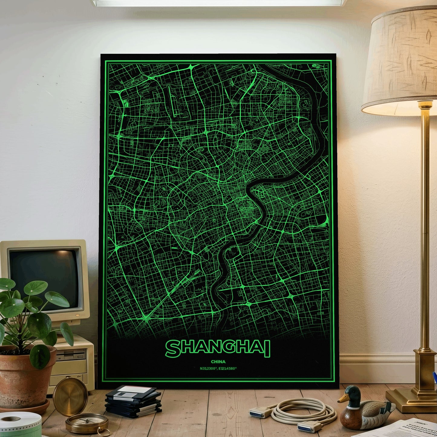 Shanghai Phosphor Map Poster - Phosphor Green
