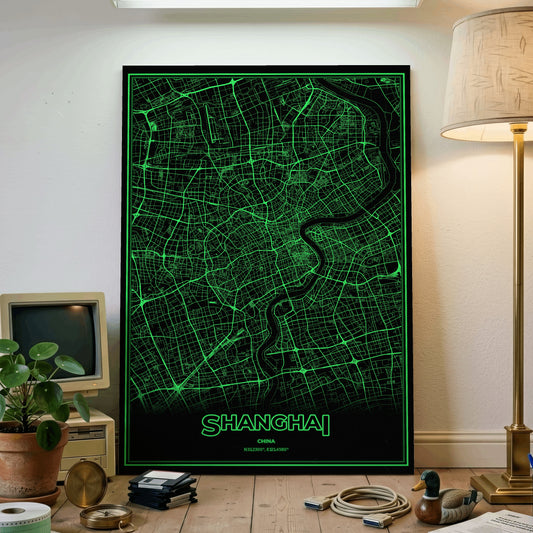 Shanghai Phosphor Map Poster - Phosphor Green