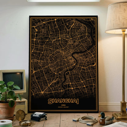 Shanghai Phosphor Map Poster - Amber CRT