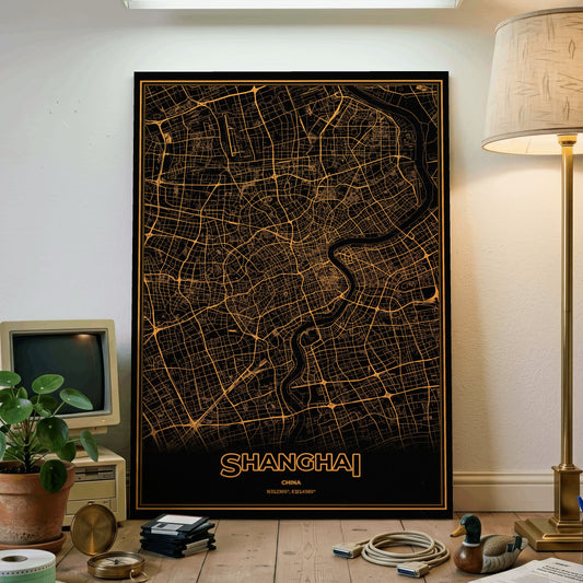 Shanghai Phosphor Map Poster - Amber CRT