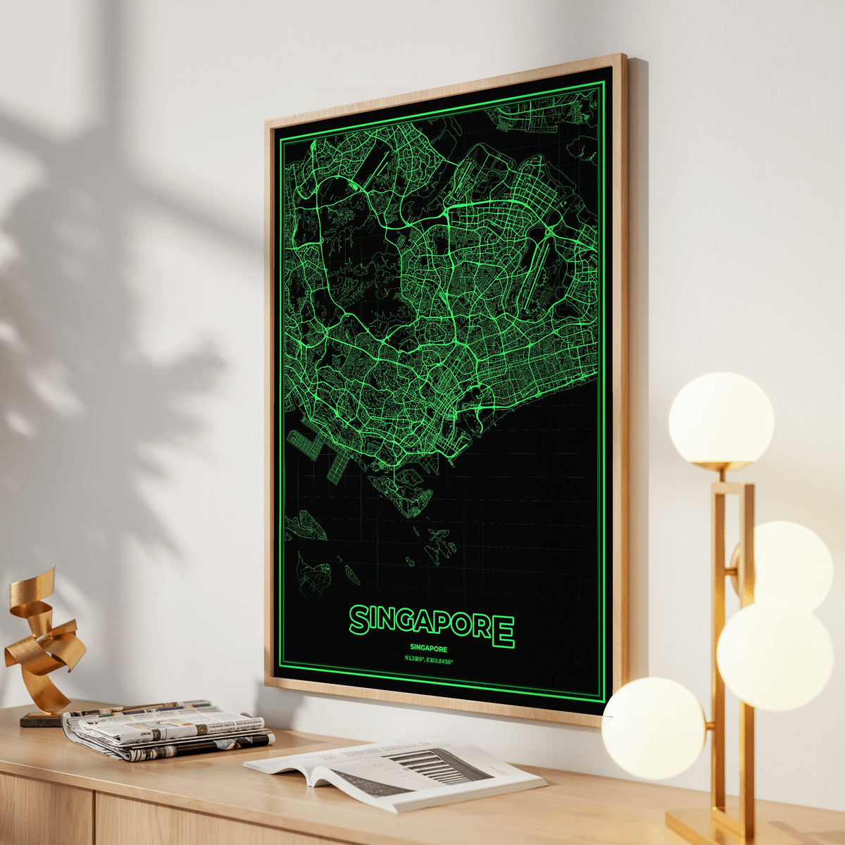 Singapore Phosphor Map Poster - Phosphor Green