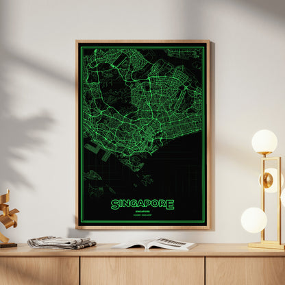 Singapore Phosphor Map Poster - Phosphor Green