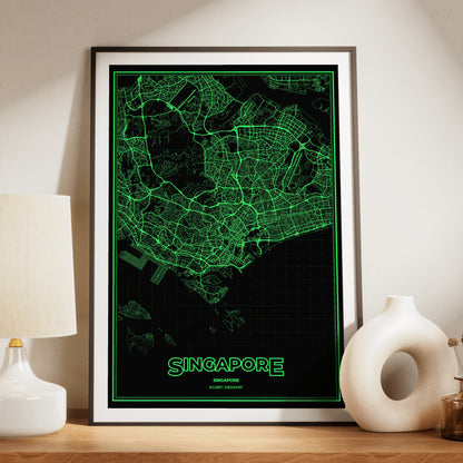 Singapore Phosphor Map Poster - Phosphor Green