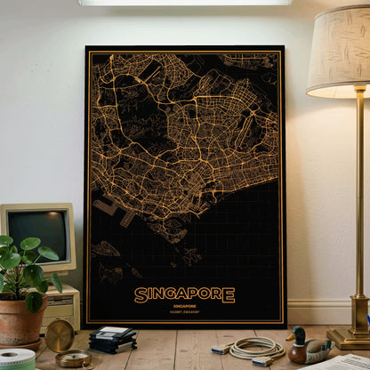 Singapore Phosphor Map Poster - Amber CRT