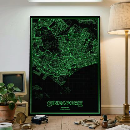 Singapore Phosphor Map Poster - Phosphor Green