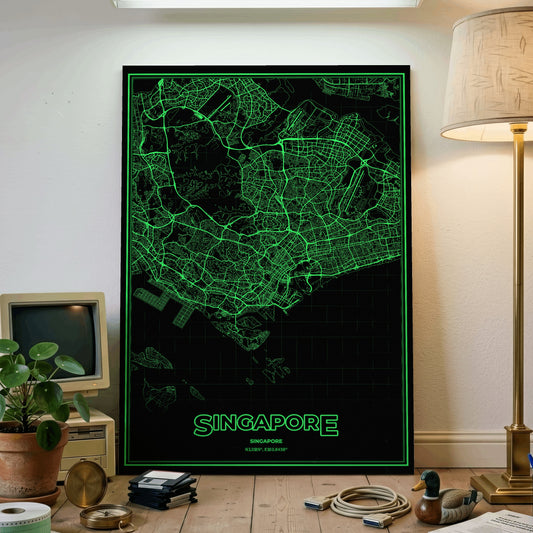 Singapore Phosphor Map Poster - Phosphor Green