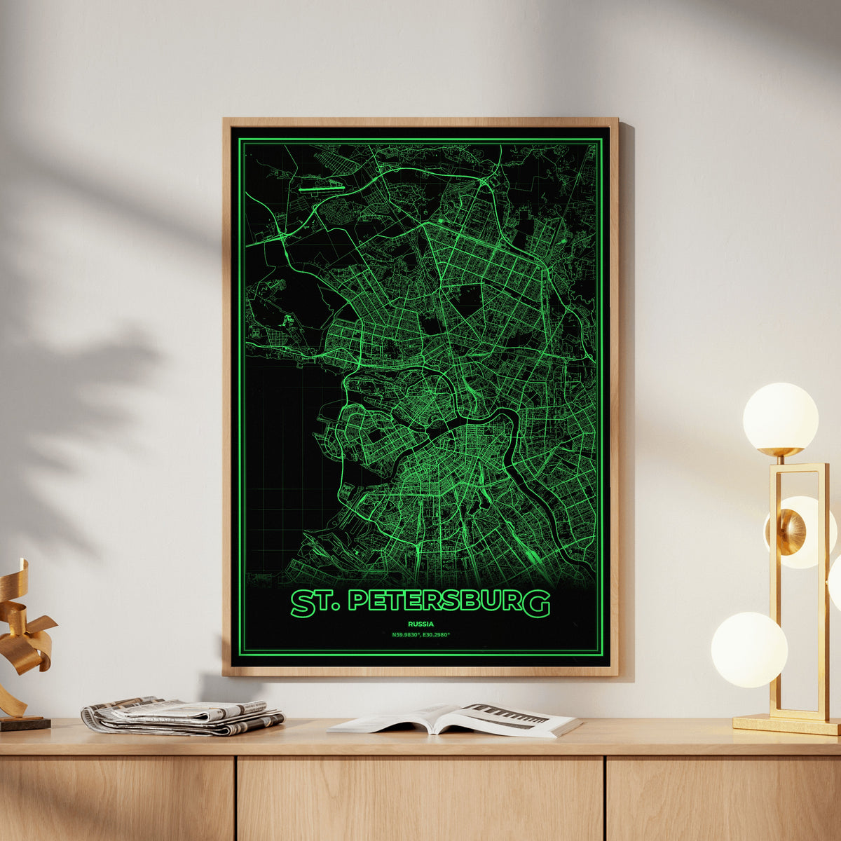 St. Petersburg Phosphor Map Poster - Phosphor Green