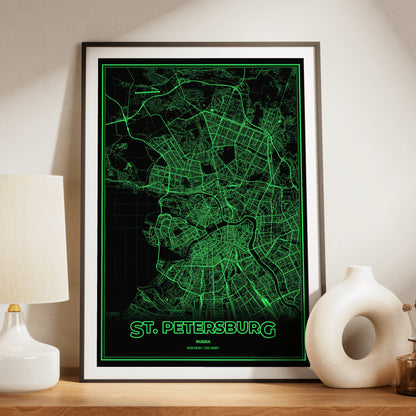 St. Petersburg Phosphor Map Poster - Phosphor Green