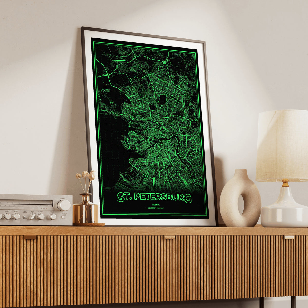 St. Petersburg Phosphor Map Poster - Phosphor Green