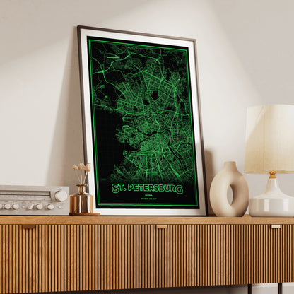 St. Petersburg Phosphor Map Poster - Phosphor Green