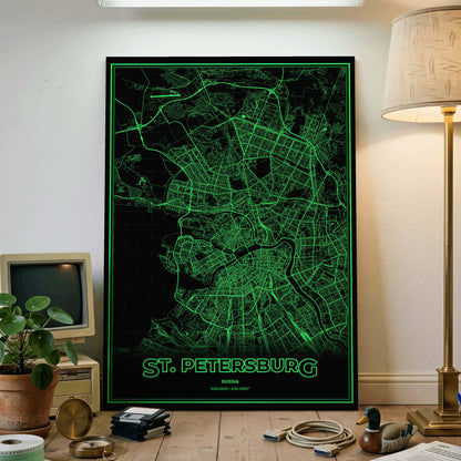 St. Petersburg Phosphor Map Poster - Phosphor Green