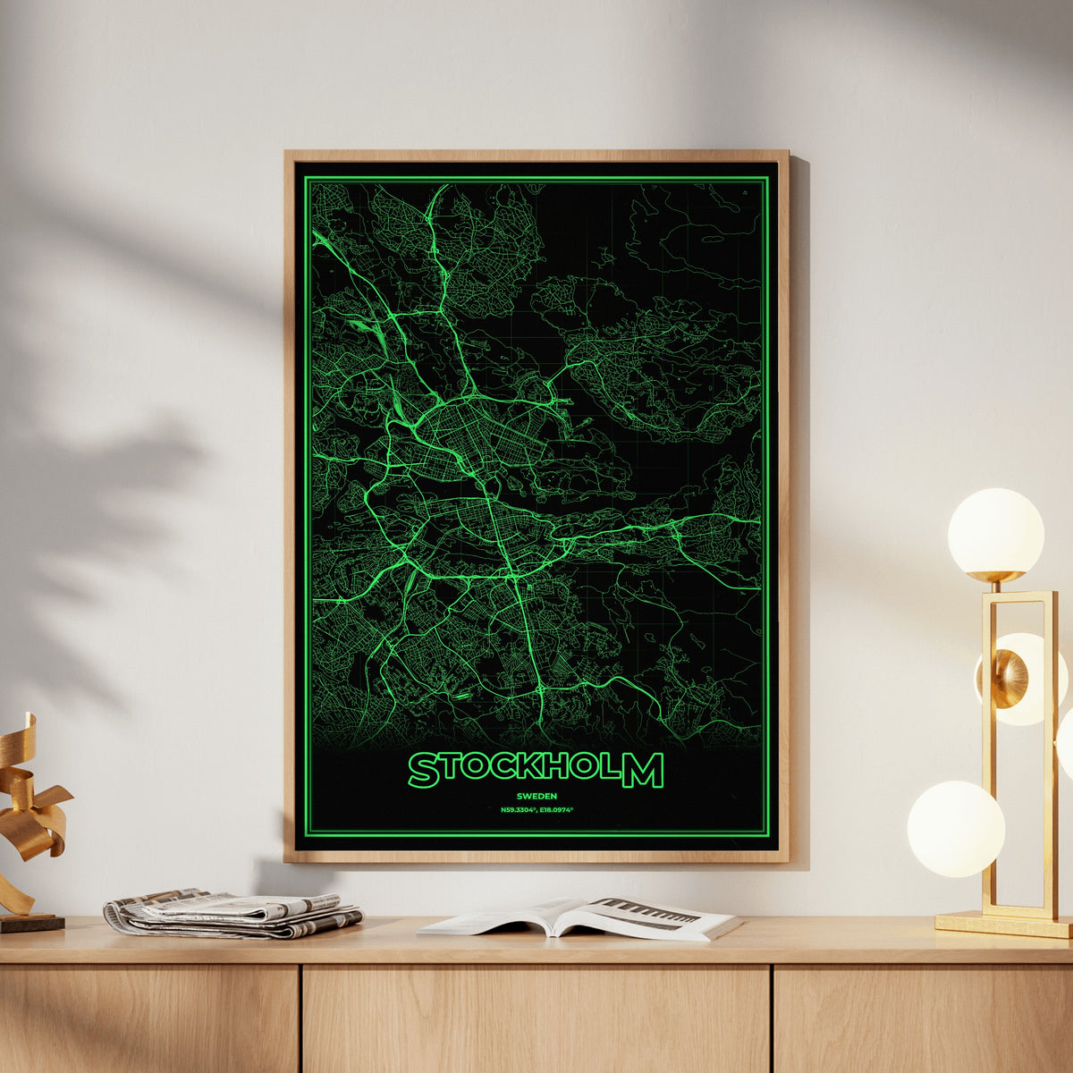 Stockholm Phosphor Map Poster - Phosphor Green