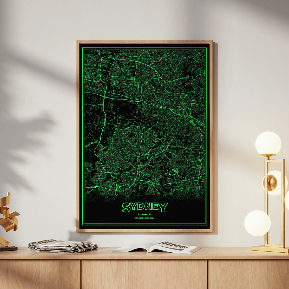 Sydney Phosphor Map Poster - Phosphor Green