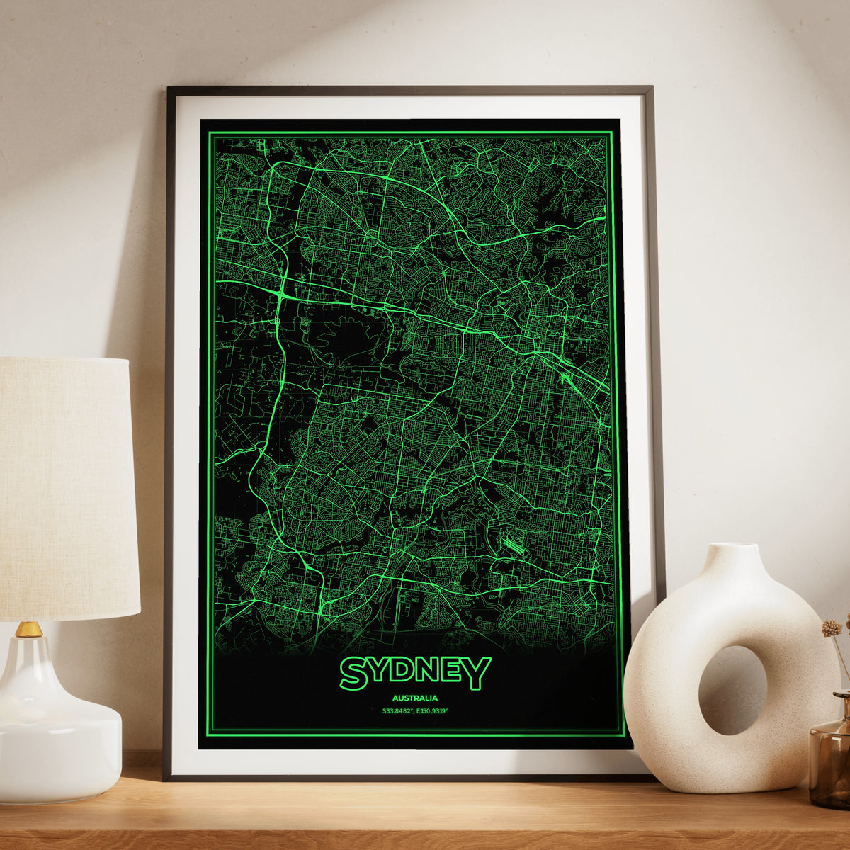 Sydney Phosphor Map Poster - Phosphor Green