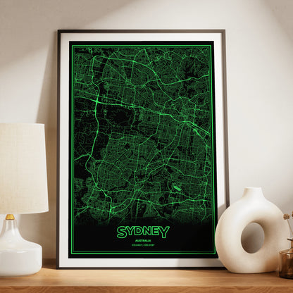 Sydney Phosphor Map Poster - Phosphor Green