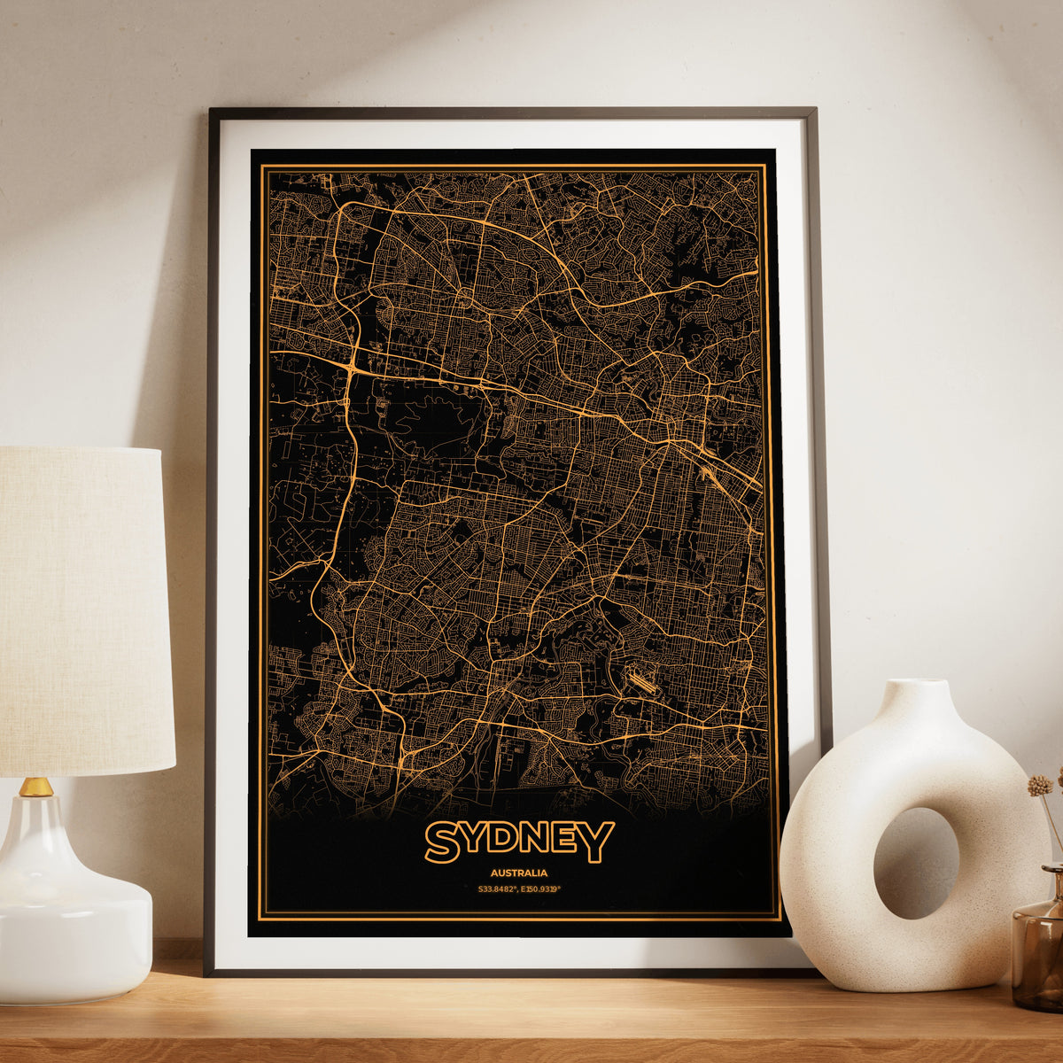 Sydney Phosphor Map Poster - Amber CRT