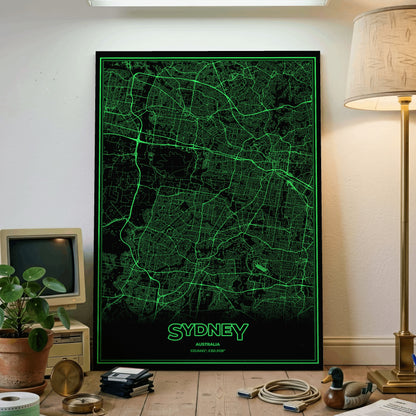 Sydney Phosphor Map Poster - Phosphor Green