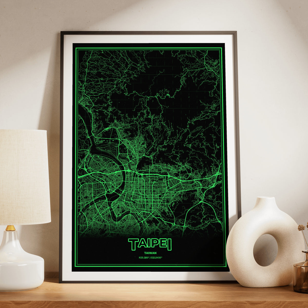 Taipei Phosphor Map Poster - Phosphor Green