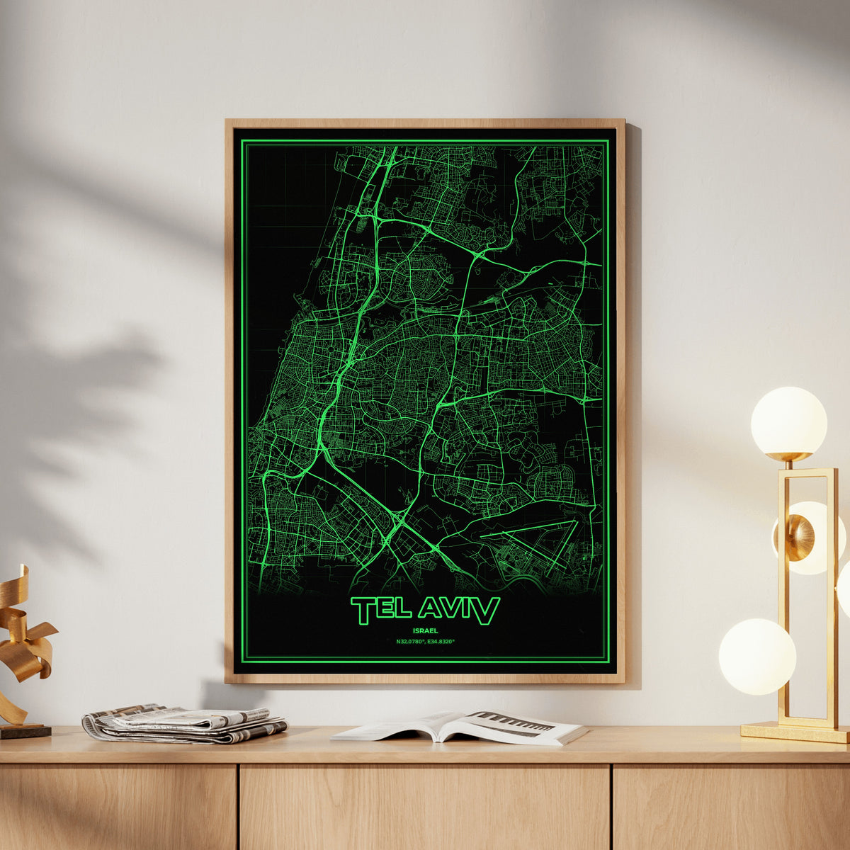 Tel Aviv Phosphor Map Poster - Phosphor Green
