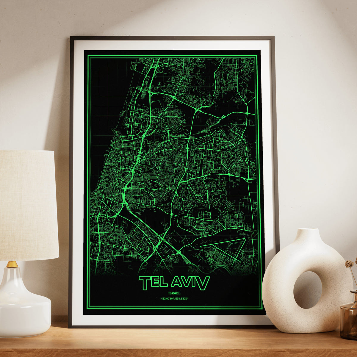Tel Aviv Phosphor Map Poster - Phosphor Green