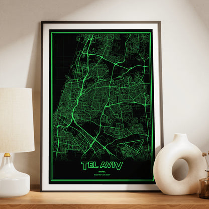 Tel Aviv Phosphor Map Poster - Phosphor Green