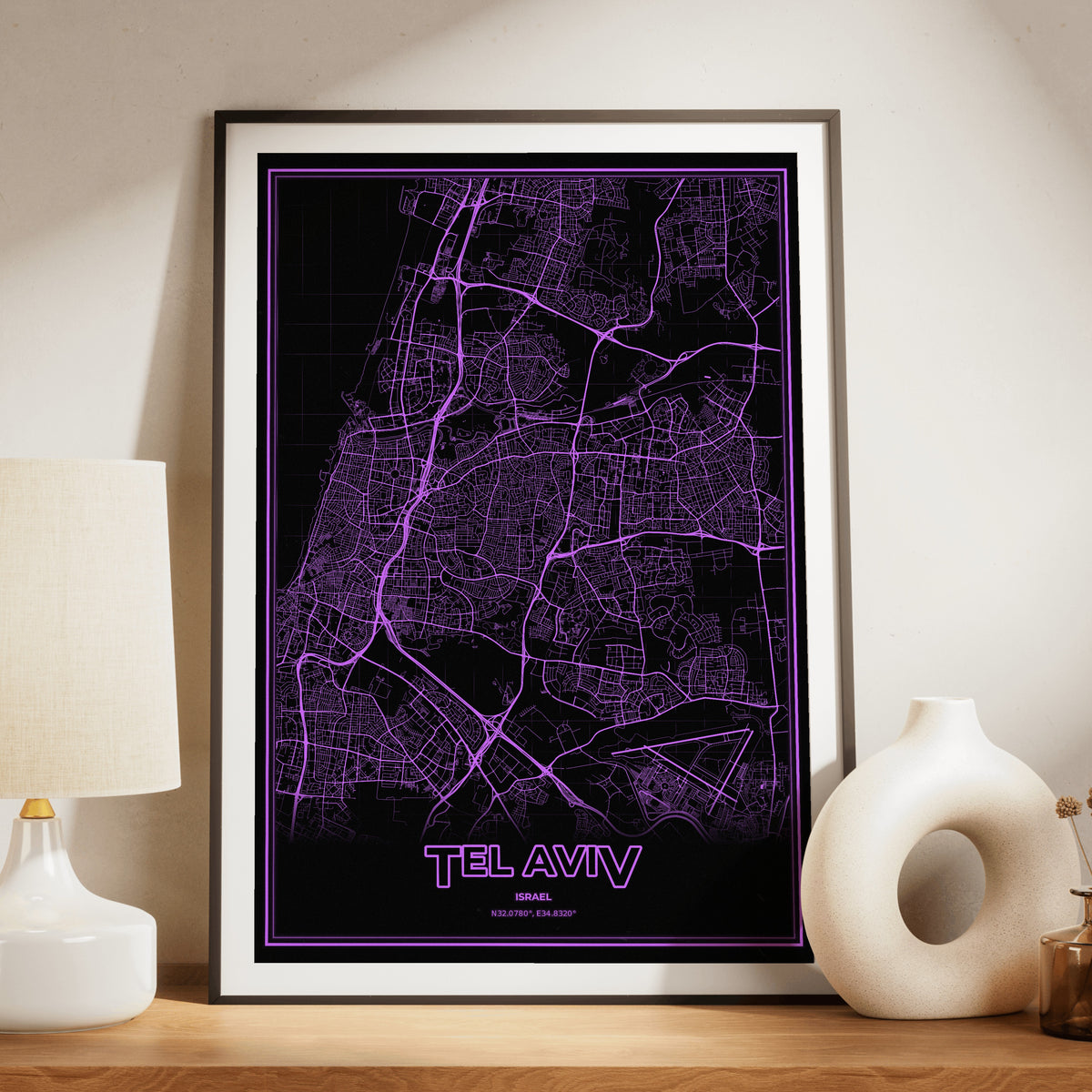 Tel Aviv Phosphor Map Poster - EGA Violet