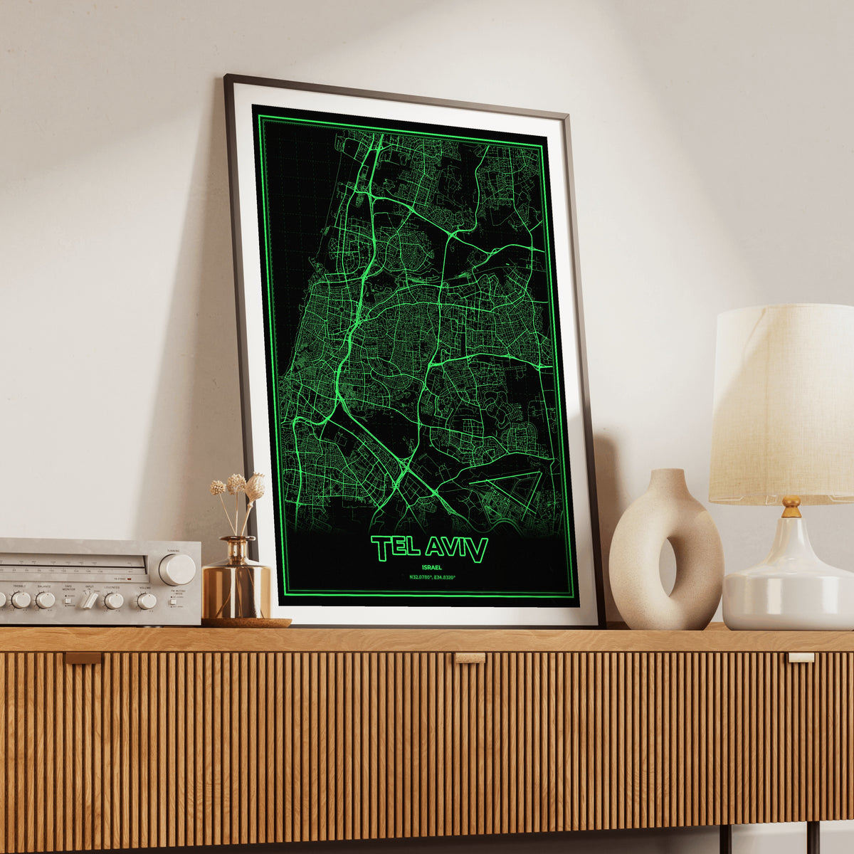 Tel Aviv Phosphor Map Poster - Phosphor Green