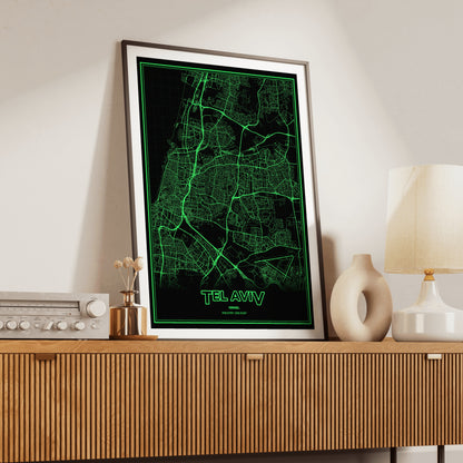 Tel Aviv Phosphor Map Poster - Phosphor Green
