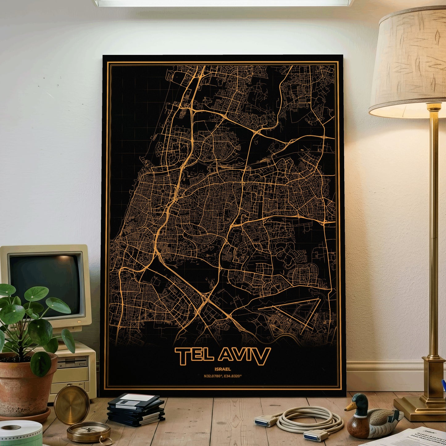 Tel Aviv Phosphor Map Poster - Amber CRT