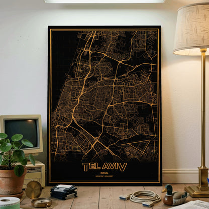 Tel Aviv Phosphor Map Poster - Amber CRT